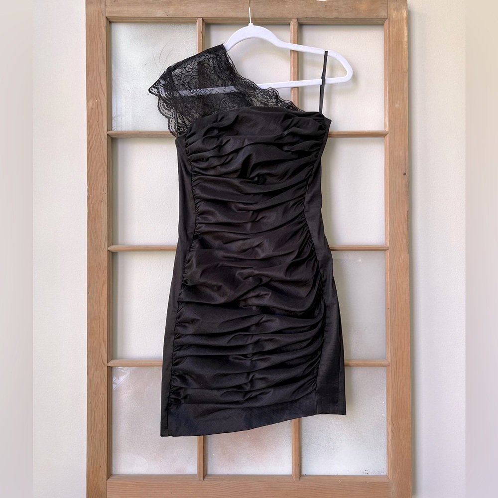 Vintage Jessica McClintock Stretch Taffeta Lace One Shoulder Dress - Blk - Sz 10
